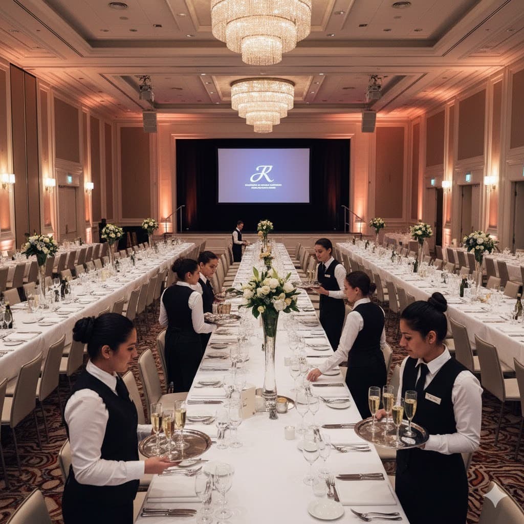 Sala de hotel preparada para um evento e equipa extra a servir.