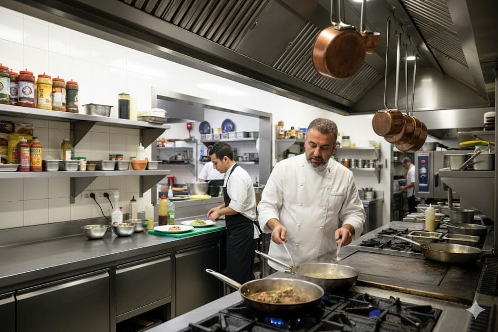 Chef e funcionário extra em ação na cozinha, transmitindo organização e confiança.